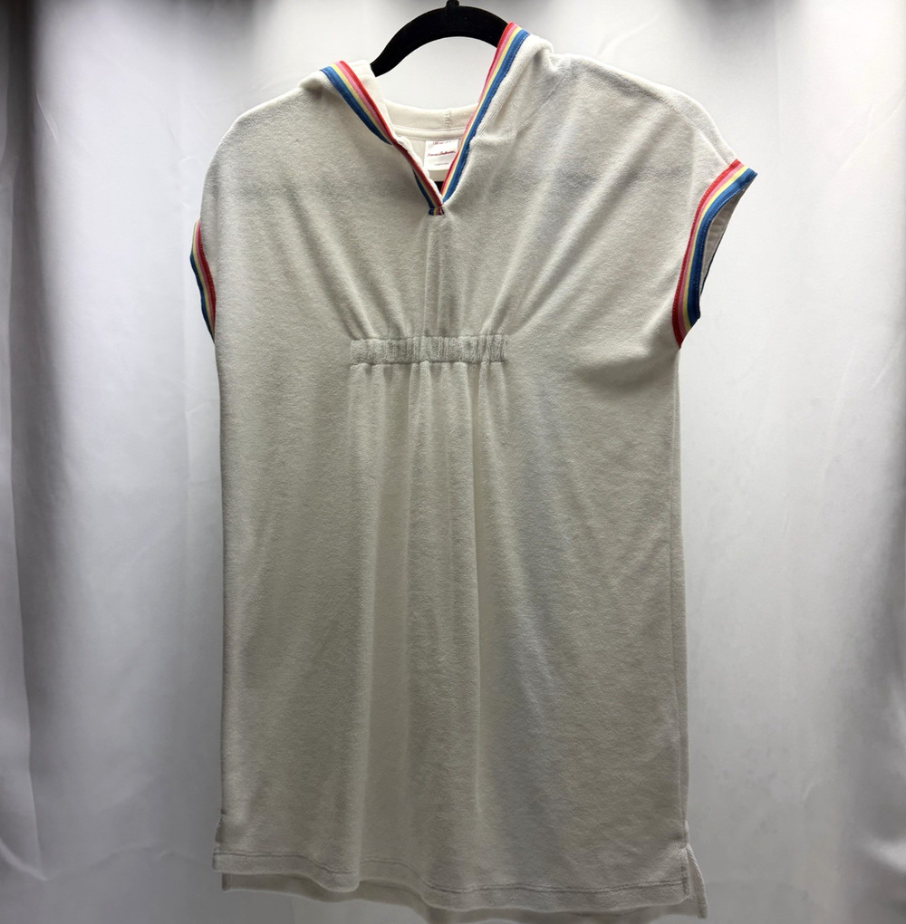 Hanna Andersson Hooded Terry Dress size 130 (8) White Rainbow Trim Swim Cover Up